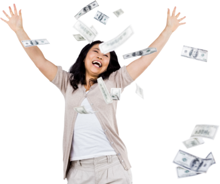 Smiling woman throwing money around - Powered by Adobe