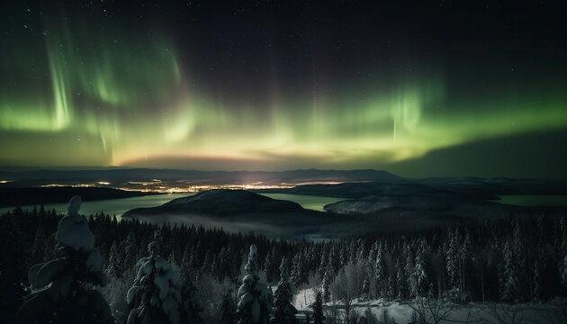 Majestic mountains illuminated by aurora polaris at night generated by AI