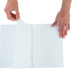 Obraz premium Cropped hands turning pages of blank book