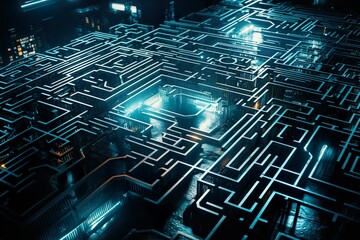 A digital maze or puzzle, representing the complex and constantly evolving nature of cybersecurity challenges and solutions made with Generative AI