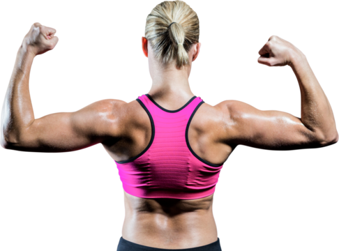 Muscular woman flexing her arms 
