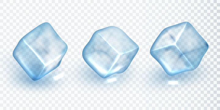 Realistic translucent ice cubes in blue color isolated on transparent background