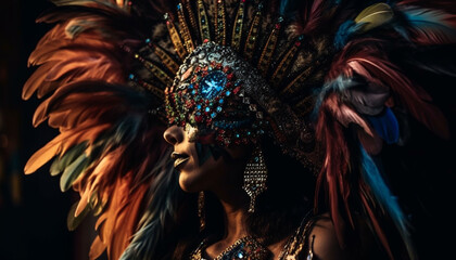 Beautiful Brazilian dancer adorned in colorful feathers generated by AI
