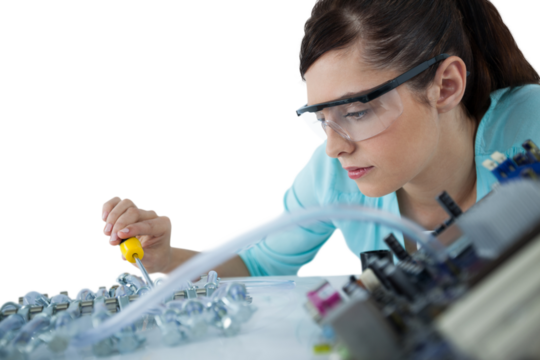 Woman repairing computer motherboard
