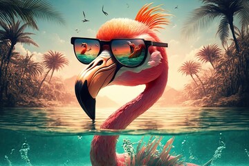 a flamingo wearing sunglasses standing in the water. ai generative