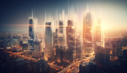 Fototapeta premium Futuristic cityscape glows in multi-colored skyscraper skyline generated by AI