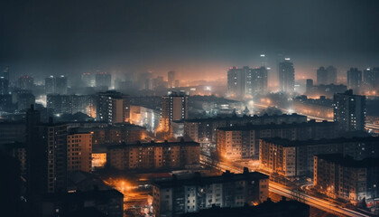City lights ignite urban skyline at twilight generated by AI