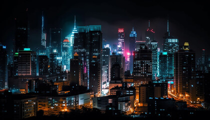 Fototapeta na wymiar Illuminated skyscrapers light up futuristic city skyline generated by AI