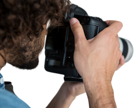 Close up of professional photographer taking picture