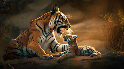 wildlife, a tiger with a cub. - obrazy, fototapety, plakaty