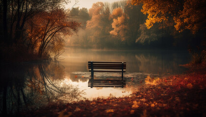 Tranquil autumn reflections on forest pond bench generated by AI