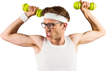 Geeky hipster posing in sportswear with dumbbells