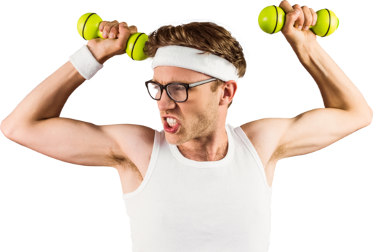 Geeky hipster posing in sportswear with dumbbells - Powered by Adobe