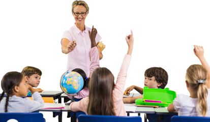 Students raising hands while teacher teaching