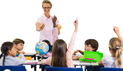 Students raising hands while teacher teaching
