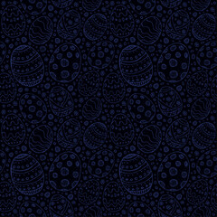 Seamless background with blue contour Easter eggs on a dark background. Stylized Easter eggs with patterns