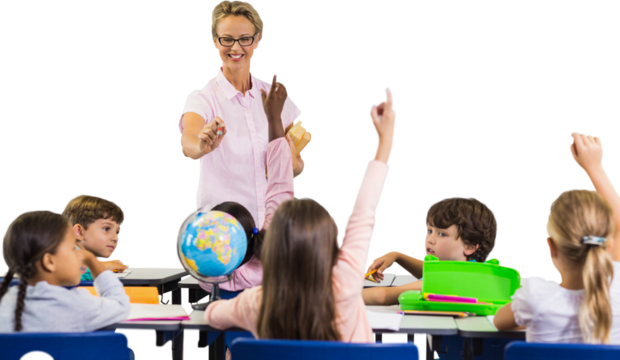 Students raising hands while teacher teaching