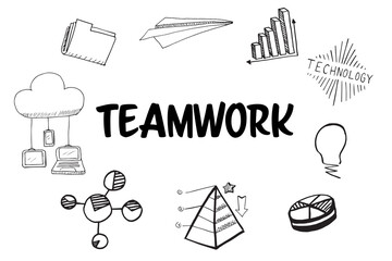 Teamwork text amidst several vector icons