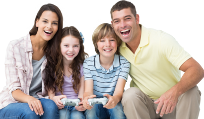 Happy family playing video game together