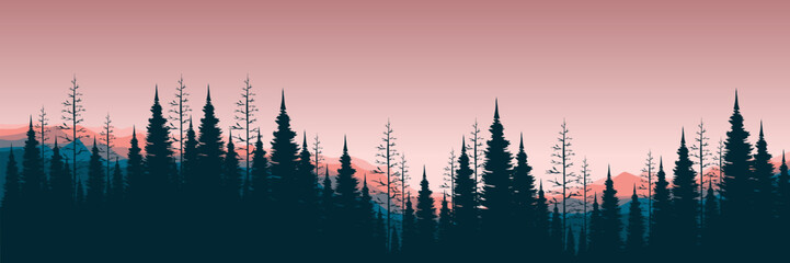 nature mountain pine forest winter silhouette sunset vector illustration good for banner, background, backdrop, web banner, ads banner, tourism banner, and wallpaper