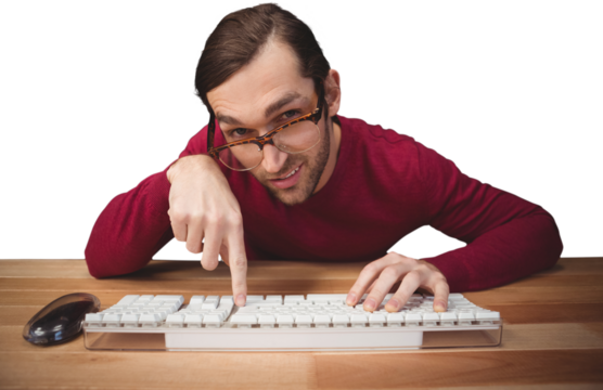Man wearing eye glasses pointing on computer keyboard - Powered by Adobe
