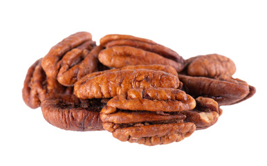 Pecan nuts isolated on white background. Shelled pecan. Clipping path.