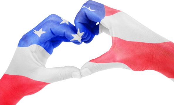 USA flag painted on hands making heart shape