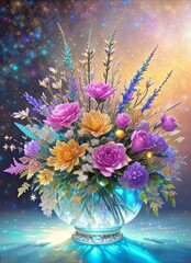 Golden ice flowers, among precious stones and jewels, flower bouquet, jewelry flowers, generative ai art illustration 33