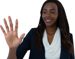 Smiling businesswoman using interface screen against white background