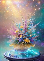 Golden ice flowers, among precious stones and jewels, flower bouquet, jewelry flowers, generative ai art illustration 28