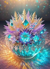 Golden ice flowers, among precious stones and jewels, flower bouquet, jewelry flowers, generative ai art illustration 10
