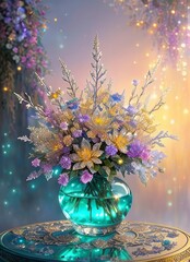 Golden ice flowers, among precious stones and jewels, flower bouquet, jewelry flowers, generative ai art illustration 12