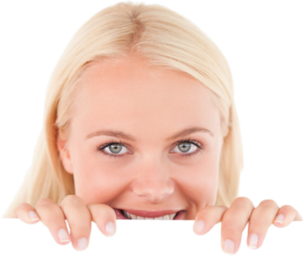 Smiling woman peeking over a whiteboard