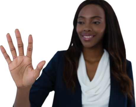 Smiling businesswoman using interface screen against white background