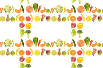 Seamless pattern of fresh juicy vegetables and fruits useful for health isolated on white
