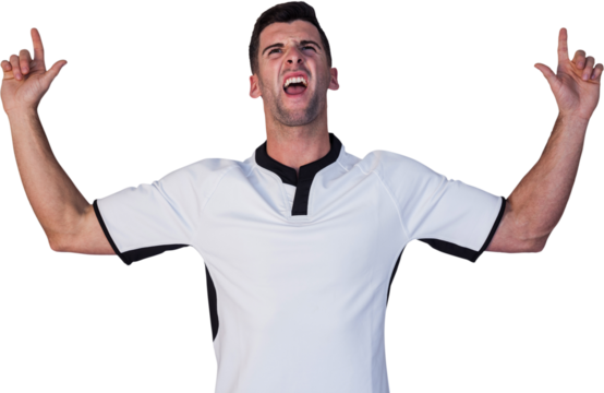 Excited rugby player pointing up