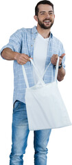 Man holding shopping bag against white background