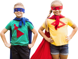 Smiling brother and sister in eye mask