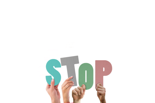 Hands holding colorful word stop 