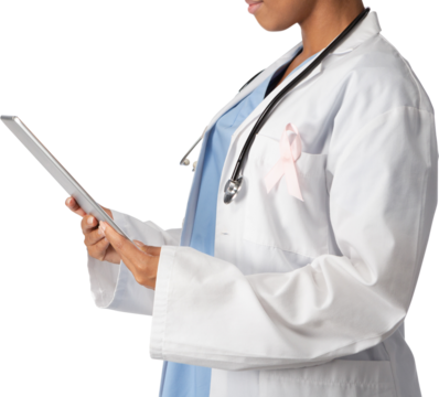 Female doctor wearing breast cancer awareness pink ribbon holding a tablet on white background - Powered by Adobe
