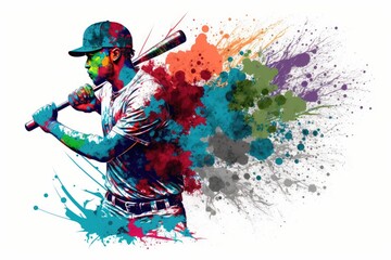 Fototapeta na wymiar abstract color Baseball Player with multicolored paint splash isolated on white background. ai generative
