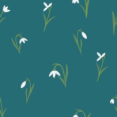 Fototapeta na wymiar Seamless pattern with snowdrops spring flowers on green background, vector