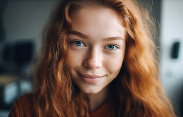 Naklejka premium AI generated teen blogger with long golden hair, pretty freckled face, blue eyes and charming smile making selfie or recording stories for social network page, looking friendly and happy