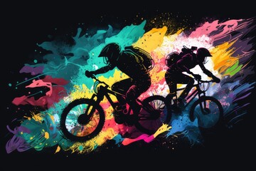 illustration bike race action on colorfull background. ai generative