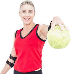 Female athlete with elbow pad holding handball