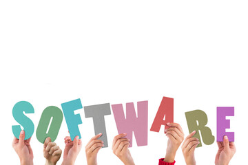 Colorful alphabet spelling software held up by people 