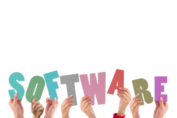 Colorful alphabet spelling software held up by people 