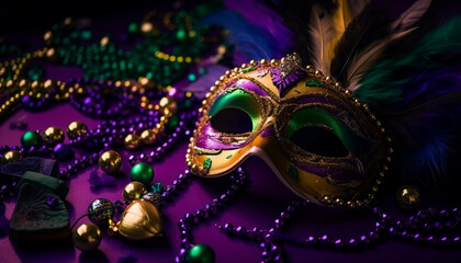 Masquerade mask, feather, bead Mardi Gras celebration generated by AI