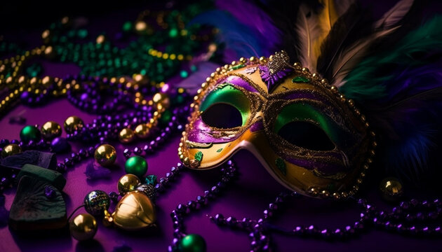 Masquerade mask, feather, bead Mardi Gras celebration generated by AI