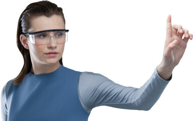 Fototapeta premium Confident woman pointing while using virtual reality glasses